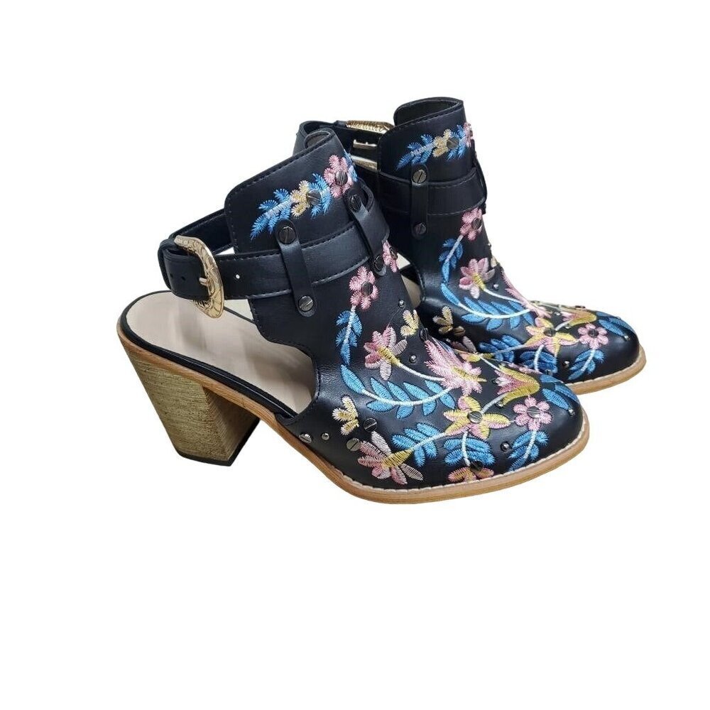 Floral Embroidered Buckle Embellished Leather Heeled Mules Clogs size 8